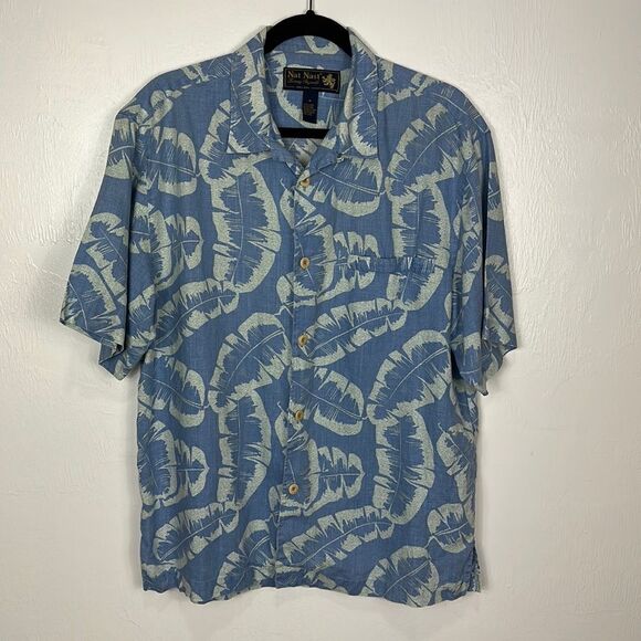 Nat Nast Luxury Originals Linen Short Sleeve Feather Print Hawaiian Shirt Size M - Picture 1 of 9